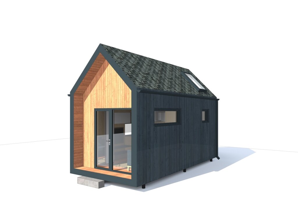 Начнем с характеристики. Домик габаритными размерами 6 х 3 метра двух уровневый с антресолью, площадь застройки 18 кв.м, общая площадь 24 кв.м. В основе силовые панели собранные из сухого строганного бруса с базальтовым заполнением толщиной 90 мм.