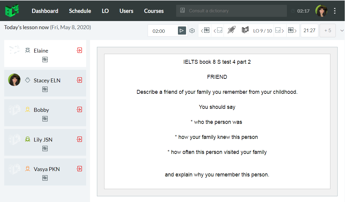 Учителям максимально облегчена подготовка к урокам  "mock test" типа - в базе заданий находятся почти все задания устной части IELTS из официальных сборников. 