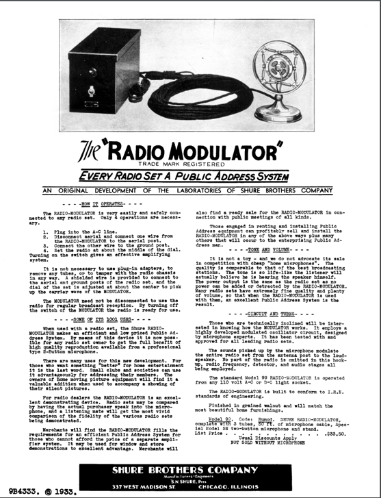 Страница из каталога Shure, посвящённая радиомодулятору Model 99

