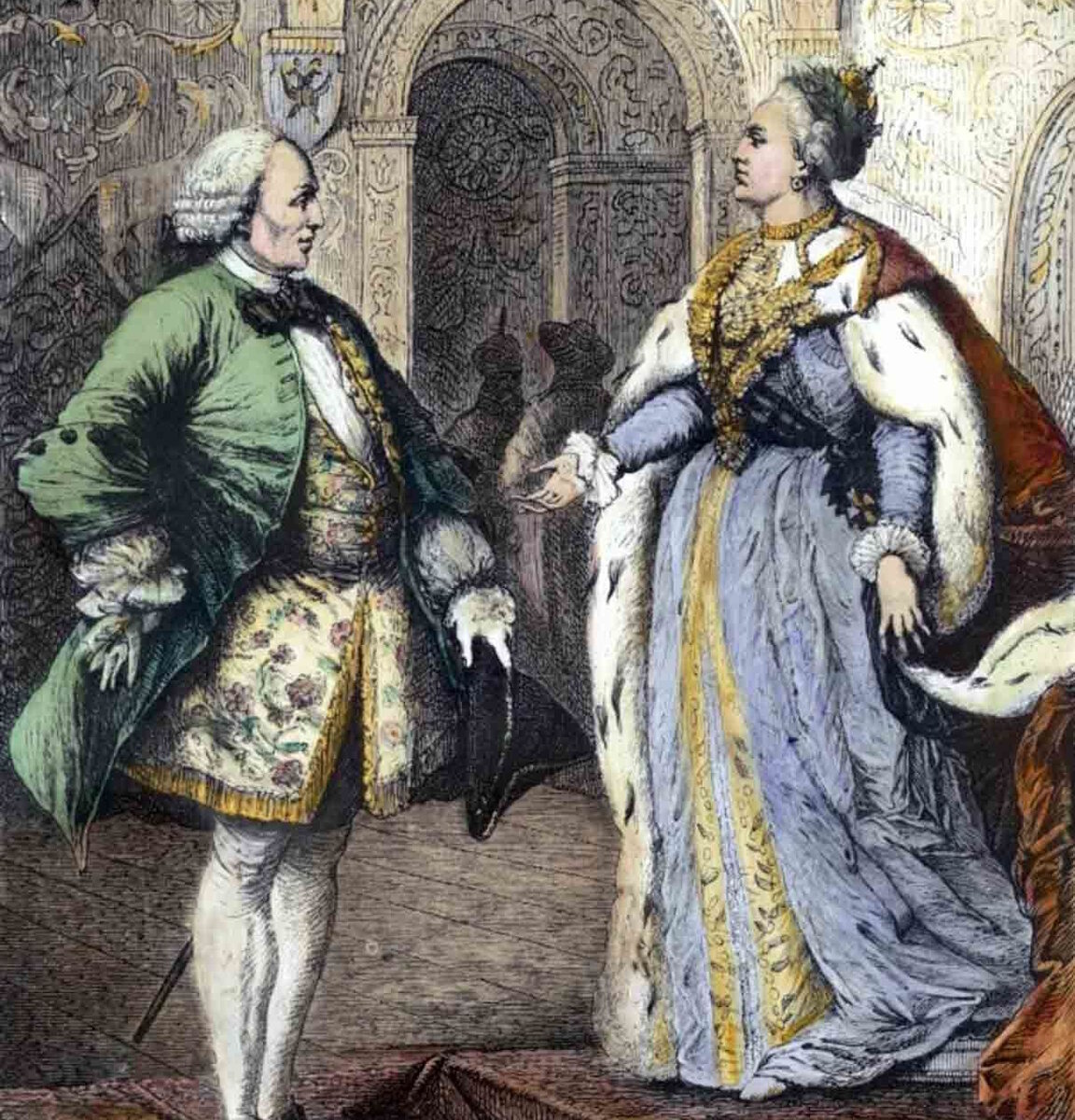 Раскрашенная гравюра «Дени Дидро и Екатерина II»