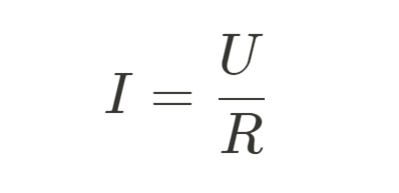 Закон Ома для участка цепи. I - сила тока (или просто ток) в участке цепи, U - напряжение на концах участка цепи, R - электрическое сопротивление участка цепи.