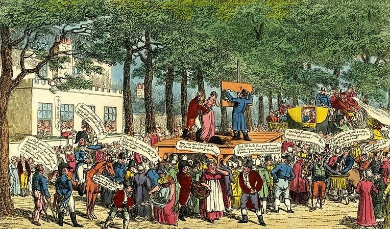 Сатирическая карикатура, изображающая сэра Джона и леди Дуглас, которых ведут к позорному столбу возле Монтегю-Хаус, Блэкхит, после того, как они были дискредитированы при даче показаний против Каролины