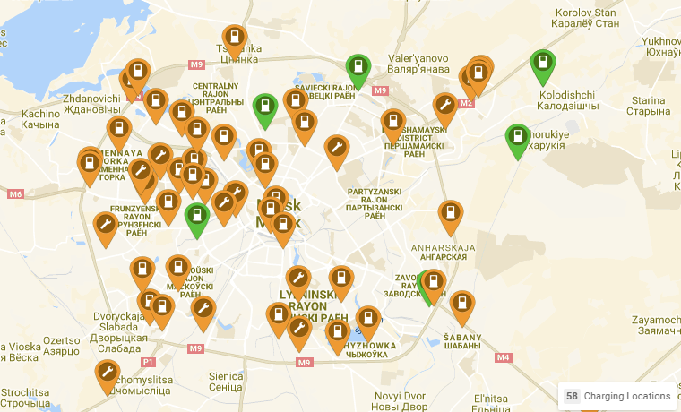 Карта электрозаправок в беларуси