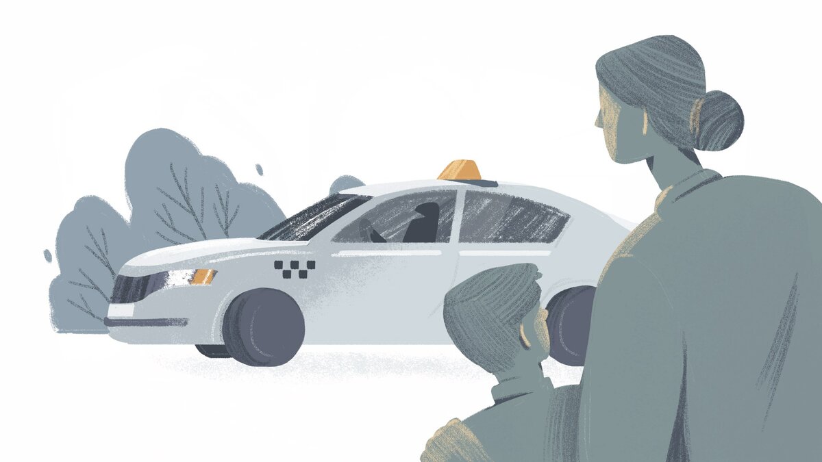 Раяна работает в такси. Приезжая на вызов, она снимает никаб и надевает медицинскую маску. Иллюстрация: Ксения Горшкова