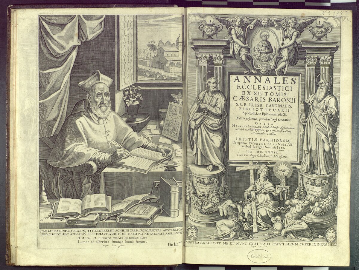 Фронтиспис с портретом Цезаря Барония и титульный лист издания «Церковные анналы Цезаря Барония в извлечении 12 томов…» (Париж, 1639).