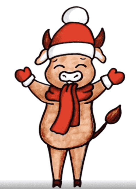 Предлагаем нарисовать веселого быка в шарфике, он точно понравиться и детям и взрослым. С помощью наших инструкций рисование будет простым и быстрым.

Необходимые материалы: