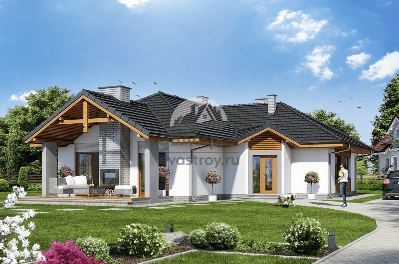 Проект одноэтажного дома 136 м2 с террасой для узкого участка - LG-6