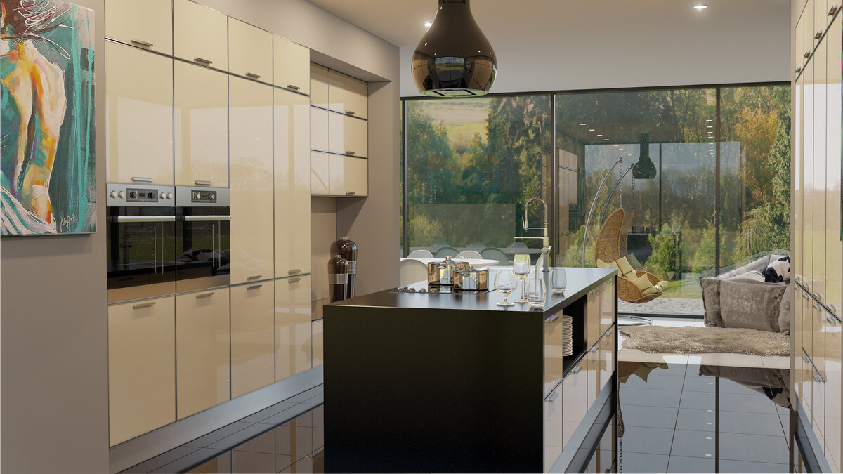 Модель "Салерно" (от 55 000₽ за пог.м). Фасад из закаленного стекла.