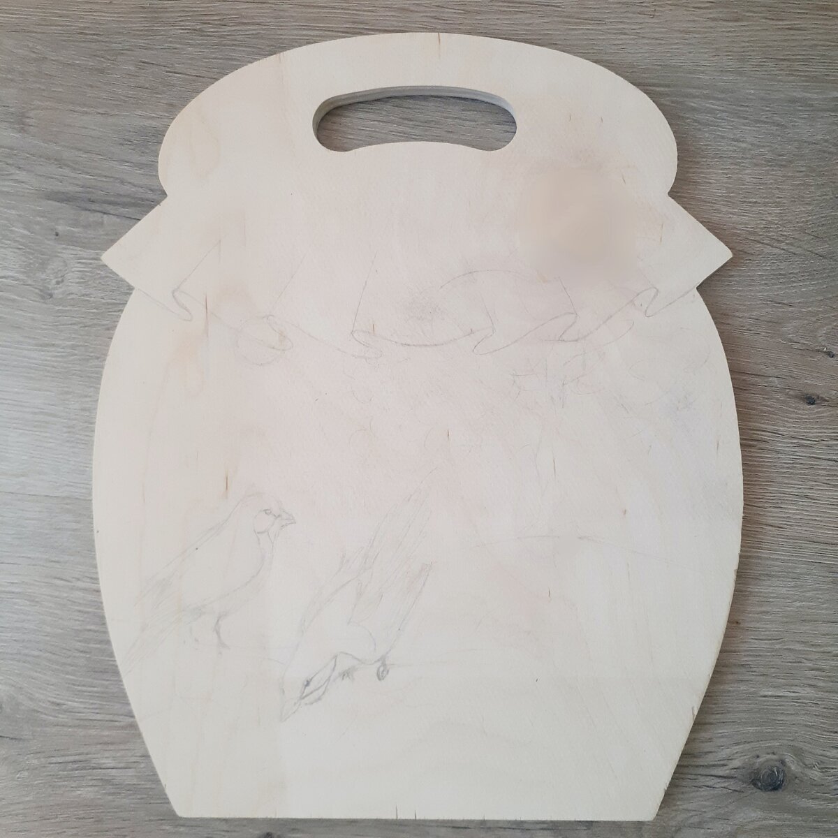 Для начала сделаем набросок рисунка. Намечаем расположение деревьев на заднем фоне (справа изображаем дерево побольше, т. к. оно находится ближе, а слева добавим два небольших дерева) и внизу дорисуем ветвь глицинии, на которой будут находиться птицы. Наметим самих птичек. Одна из них будет наклонена вниз, а вторая должна смотреть в сторону.