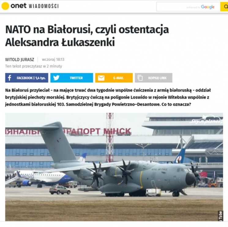 Недоумевает руководитель варшавского Центра стратегических исследований, бывший временный поверенный в делах Польской Республики в Беларуси Витольд Юраш (Witold Jurasz).
На фото. Британский самолёт, прибывший в Минск со спецназом на борту, источник – Sky.n.Planes«В Беларусь на совместные учения с белорусской армией, которые продлятся две недели, прибыло подразделение британской морской пехоты. Британцы проведут тренировки на полигоне «Лосвидо» с 103-й Витебской отдельной гвардейской воздушно-десантной бригадой. Что это означает?»
– пишет Витольд Юраш (Witold Jurasz). Его статью опубликовал один из самых читаемых польских интернет-порталов Onet.pl.
По мнению Юраша, сам факт прибытия на территорию Беларуси военных из страны – члена НАТО является беспрецедентным. К тому же это явный и чёткий сигнал, адресованный Москве, которая в последнее время усилила давление на Александра Лукашенко, склоняя его к интеграции, в чём нисколько не сомневается бывший временный поверенный.

О том, что для Лукашенко эти военные учения являются, прежде всего, политической демонстрацией, своеобразным спектаклем, говорит и то, каким образом британский спецназ прибыл в Беларусь. Почему-то британский самолёт не прилетел в международный аэропорт в Витебске, что было бы намного логичнее. Витольд Юраш вспоминает, что в Витебск прилетали, и не один раз, польские правительственные делегации, направлявшиеся в Смоленск и Катынь. Нет, британский военный самолёт прилетел в Минск, и иностранный спецназ высадился в столице Беларуси средь бела дня.
«При этом британский военный самолёт приблизился, насколько это было возможно, к пассажирскому терминалу, чтобы журналисты могли не только хорошо рассмотреть, но и сделать фото- и видеорепортажи»,
https://www.facebook.com/belaruspartisan.by/posts/2898926053495713



читать далее https://belaruspartisan.by/politic/493071/
