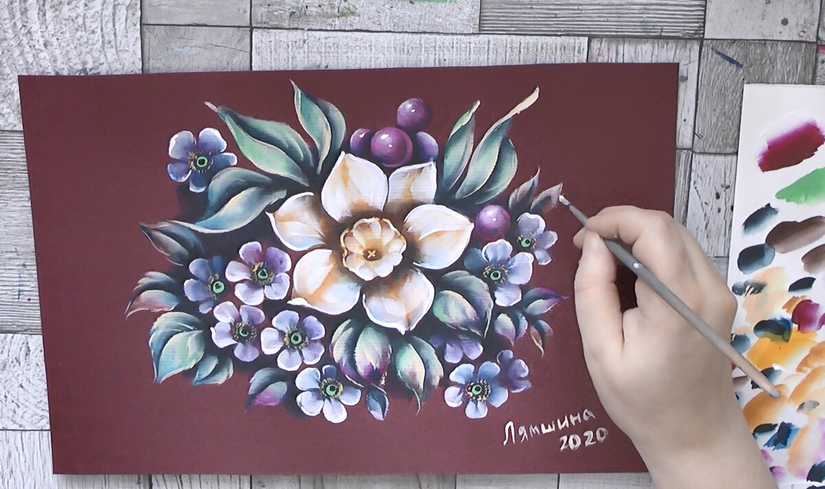 Нарцисс и первоцветы. Бумага, акрил. Автор: Ирина Лямшина