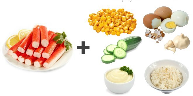 Салат из крабовых палочек с кукурузой, огурцом и рисом