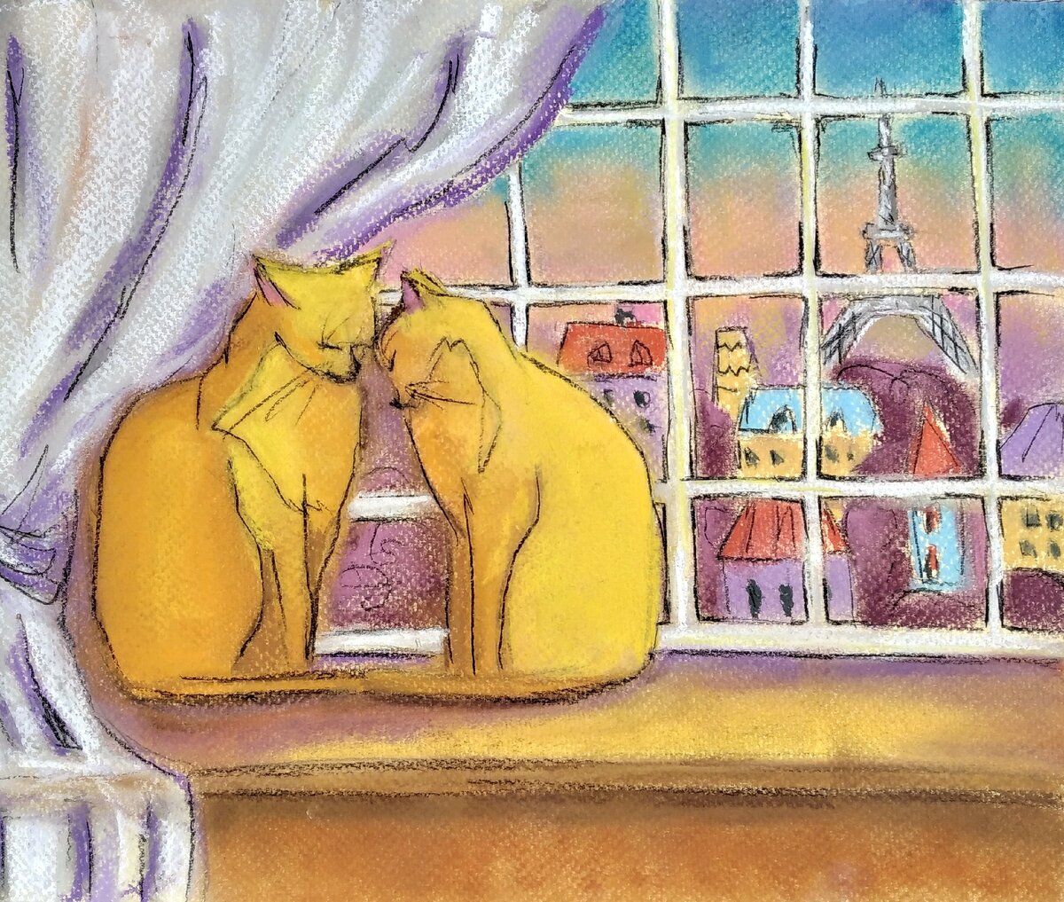 Картина "Котики в Париже" написана мной, художником Антониной Яхиной, сухой пастелью в иллюстративной технике. Вариант 2