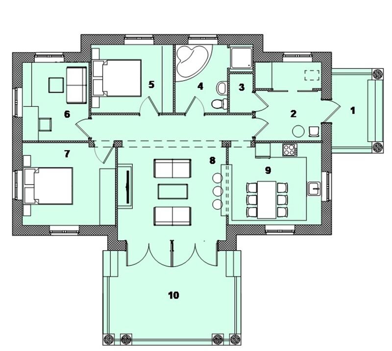 1 - крыльцо 7.2 м2, 2 - прихожая, гардеробная, котельная или техническое помещение 9.6 м2, 3 - кладовая 1.5 м2; 4 - душевая и ванная комната 7.0 м2, 5 - спальня 9.2 м2, 6 - кабинет 8.6 м2, 7 - спальня 12.7 м2, 8 – гостиная-каминная 25.3 м2, 9 - столовая, кухня 12.7.0 м2, 10 - терраса 21.4 м2