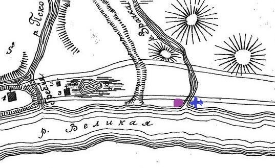 Фрагмент карты Пскова XII века. Сиреневым обозначено место раскопок Крестом – древний могильник. 