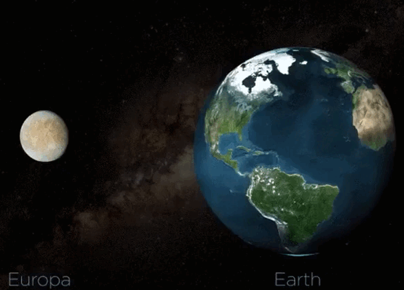 Спутник Юпитера Европа состоит из воды достаточно большую свою долю. По данным, полученным аппаратом Галилео, исследовавший юпитерианскую систему с 1995 по 2003 год, на Европе под слоем льда, которым покрыта планета есть глубокий водный океан. Глубина этого океана вместе со слоем поверхностного льда в среднем может достигать 80-179 километров. Если в качестве средней глубины океана взять 100 километров и собрать в шарик всю воду, находящуюся на Европе, то радиус этого шарика будет 877 километров. Для масштаба, на картинке этот гипотетический водный шарик Европы сравнивается по размеру с самой Европой (слева), а также со всей водой, находящейся на Земле. 
Объём мирового океана Европы превышает объём всех океанов Земли в 2-3 раза. Это одно из привлекательных мест для поиска внеземной жизни.