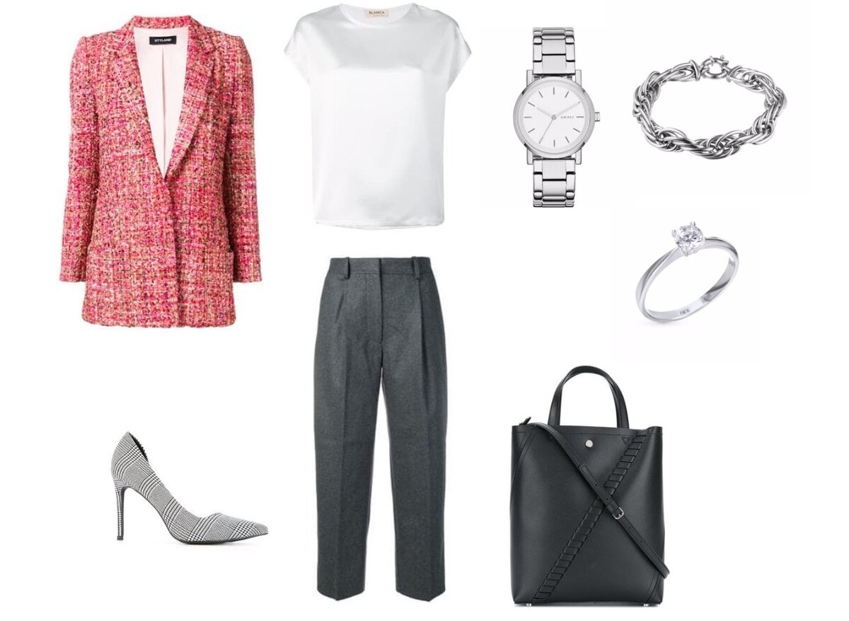 Красный + ахроматы. Жакет красного цвета становиться акцентом в данном комплекте и делает офисные будни яркими.