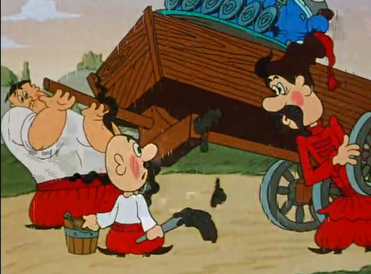 Казаки мажут ось колеса дёгтем.