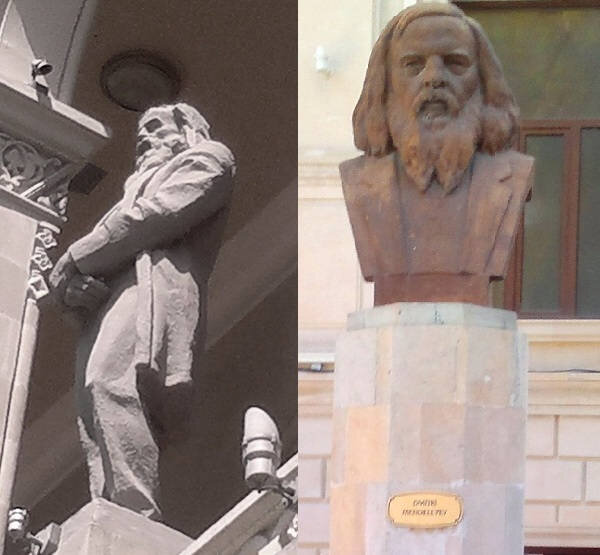Скульптура Менделеева на фронтоне ахундовской библиотеки и бюст возле бывшего АЗИ
