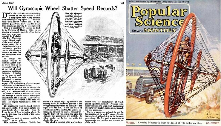 Концепт моноколеса Christie на обложке и внутри «Popular Science Monthly» за апрель 1923 года