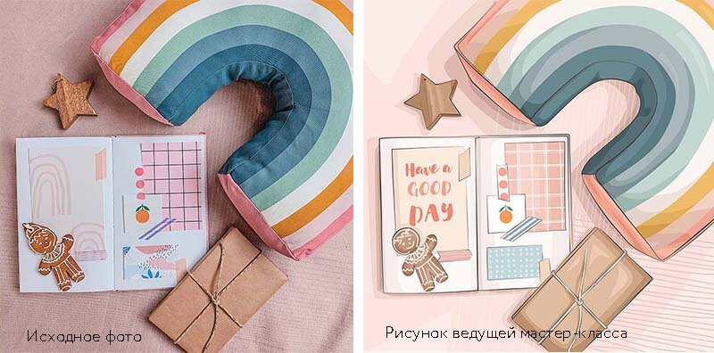 Исходное фото, которое мы обрисовывали, и окончательный рисунок ведущей мастер-класса, она рисовала вместе с нами