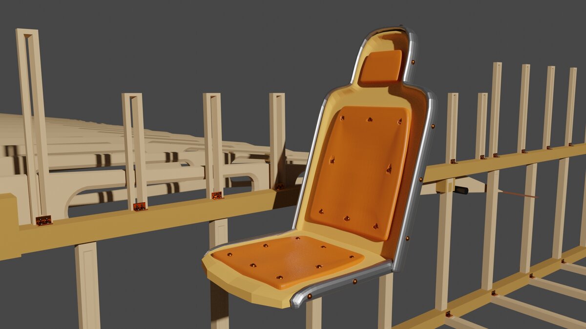 Над этим работал сегодня вечером.  Кресло пилота Основание сделано из дерева, обито кожей, закрепленной на бронзовых винтах и окантованной железом.