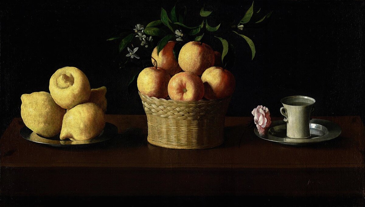 Франсиско де Сурбаран, «Натюрморт с лимонами, апельсинами и розой»,1633, 
холст, масло. 62,2 × 109,5 см, Музей Нортона Саймона, Пасадена