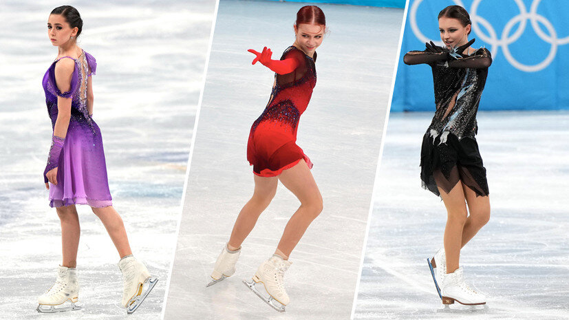 Представительницы России и главные претенденткиина медали: Камила Валиева, Александра Трусова и Анна Щербакова