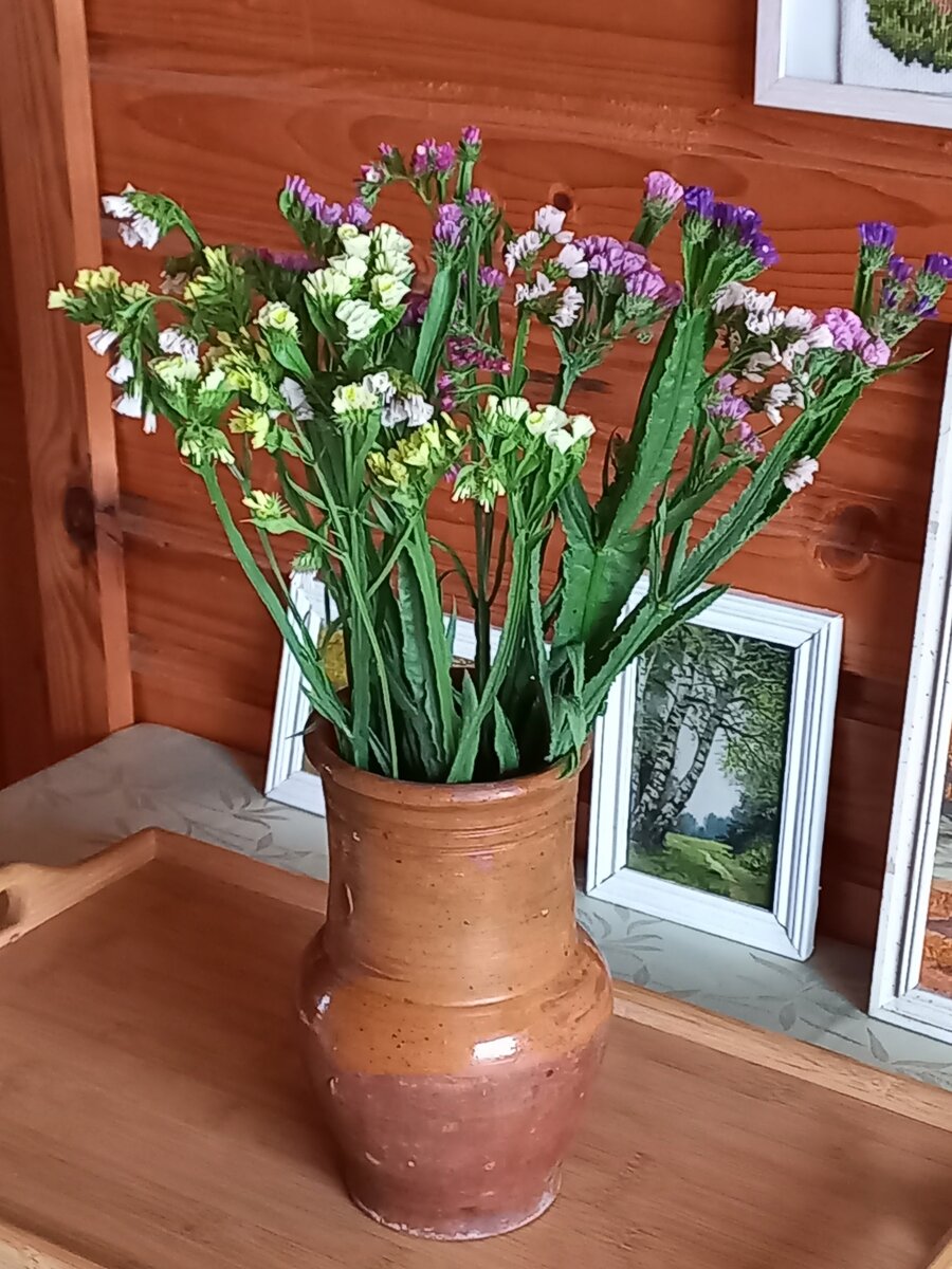 Ещё один букет статицы сушится в кринке.