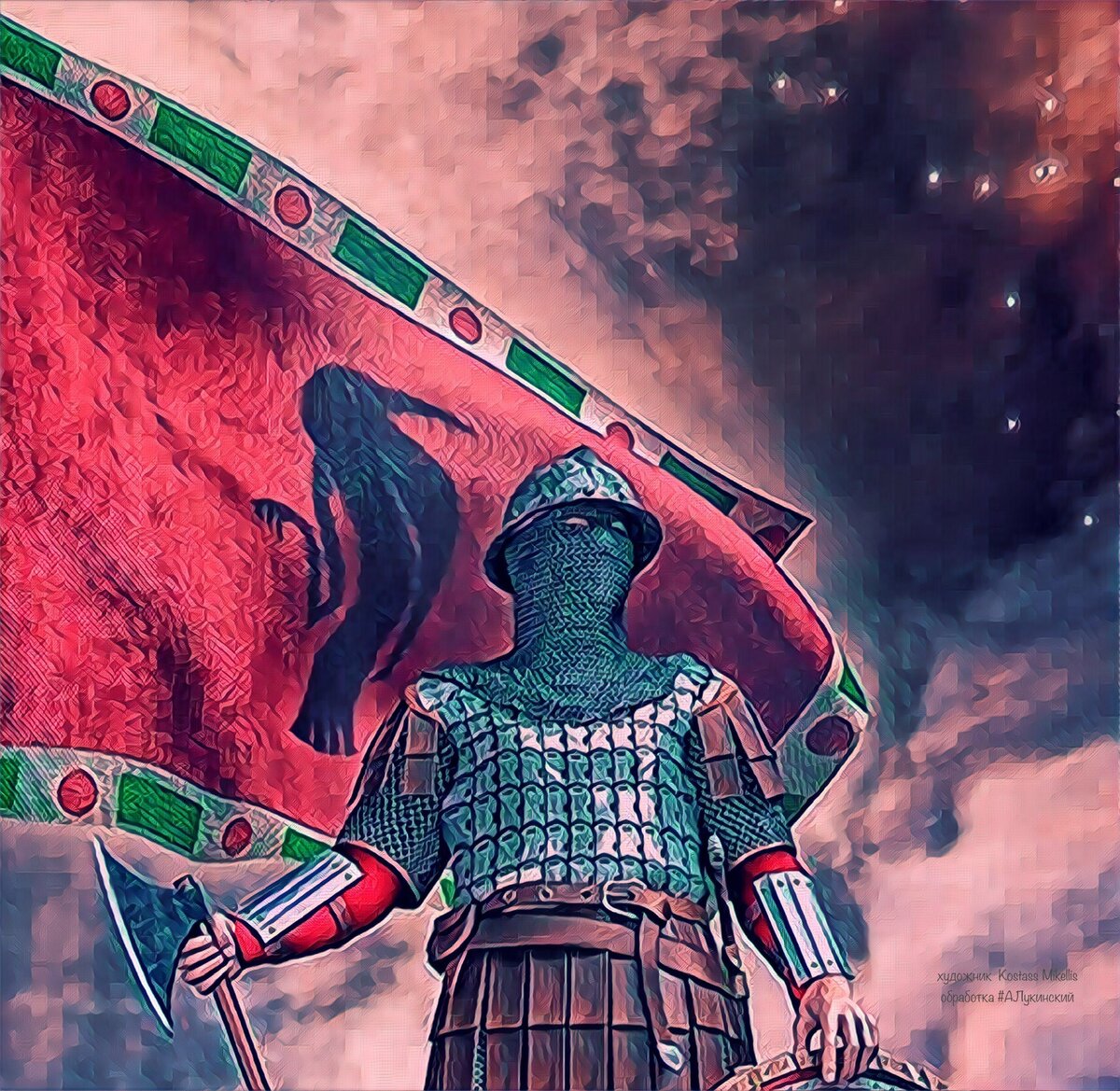 черный Ворон эмблема гвардии Варанги. Это священная птица бога Одина пришла вместе со скандинавскими наёмниками на Восток. Когда флаг вьется на ветру, Ворон Одина  машет крыльями,  призывая Seger (победу). Алый цвет штандарта наряду с синим и белым - цвета Варяжской гвардии (фото увеличиваются)