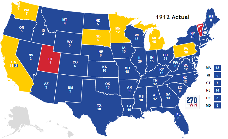 Политическая карта президентских выборов 1912 года: синие штаты голосовали за В. Вильсона, жёлтые — за Т. Рузвельта, красные — за У. Тафта