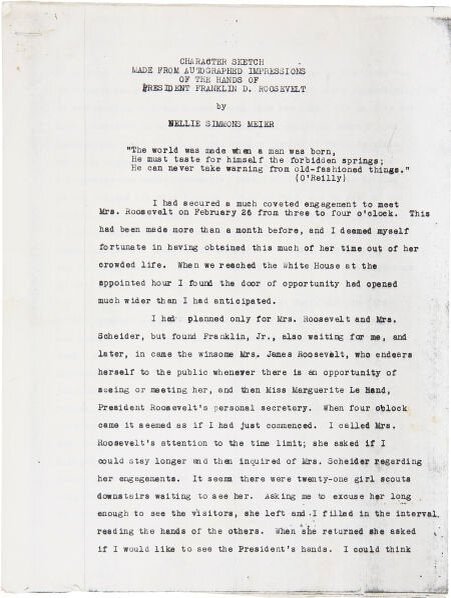 отрывок из характеристики рук Рузвельтов, размещенный на аукционе наследия США