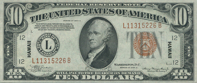 10 долларов с надпечаткой "Гавайи". 1934 год. с портретом первого министра финансов Гамильтона. Источник фото: Википедия.
