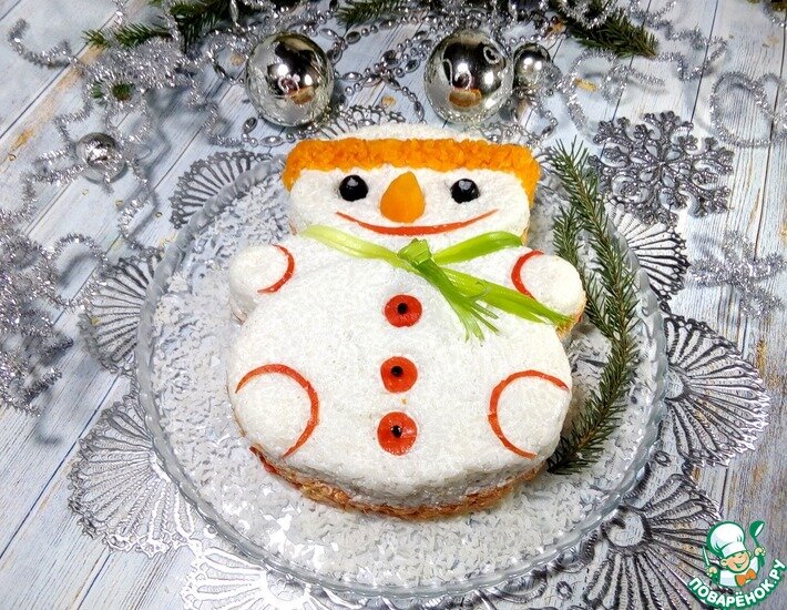 украшение новогодних салатов снеговик. салатик снеговик. украшение салатов в виде снеговика. украшение салата снеговик. салат в виде снеговика.