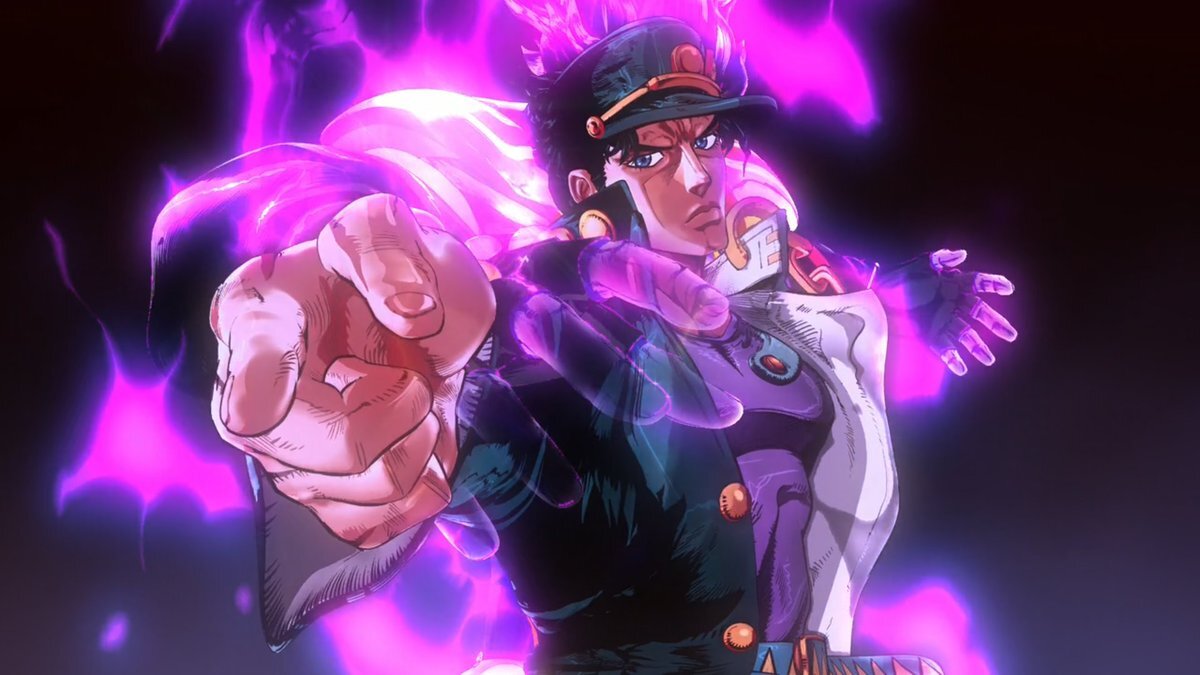 Кадр из 3-его оппенинга ДжоДжо, Stand Proud. Джотаро предстаёт перед нами в своей эпичной позе. 