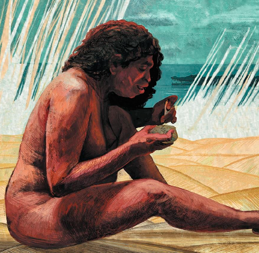 Питекантропка на острове Ява, 480 тысяч лет назад. Ела моллюсков, царапала что-то на ракушке, а потом ее съел крокодил