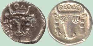 На иллюстрации: слева – подлинный обол г. Феодосии 410 – 400 гг. до н.э., справа – поддельная монета