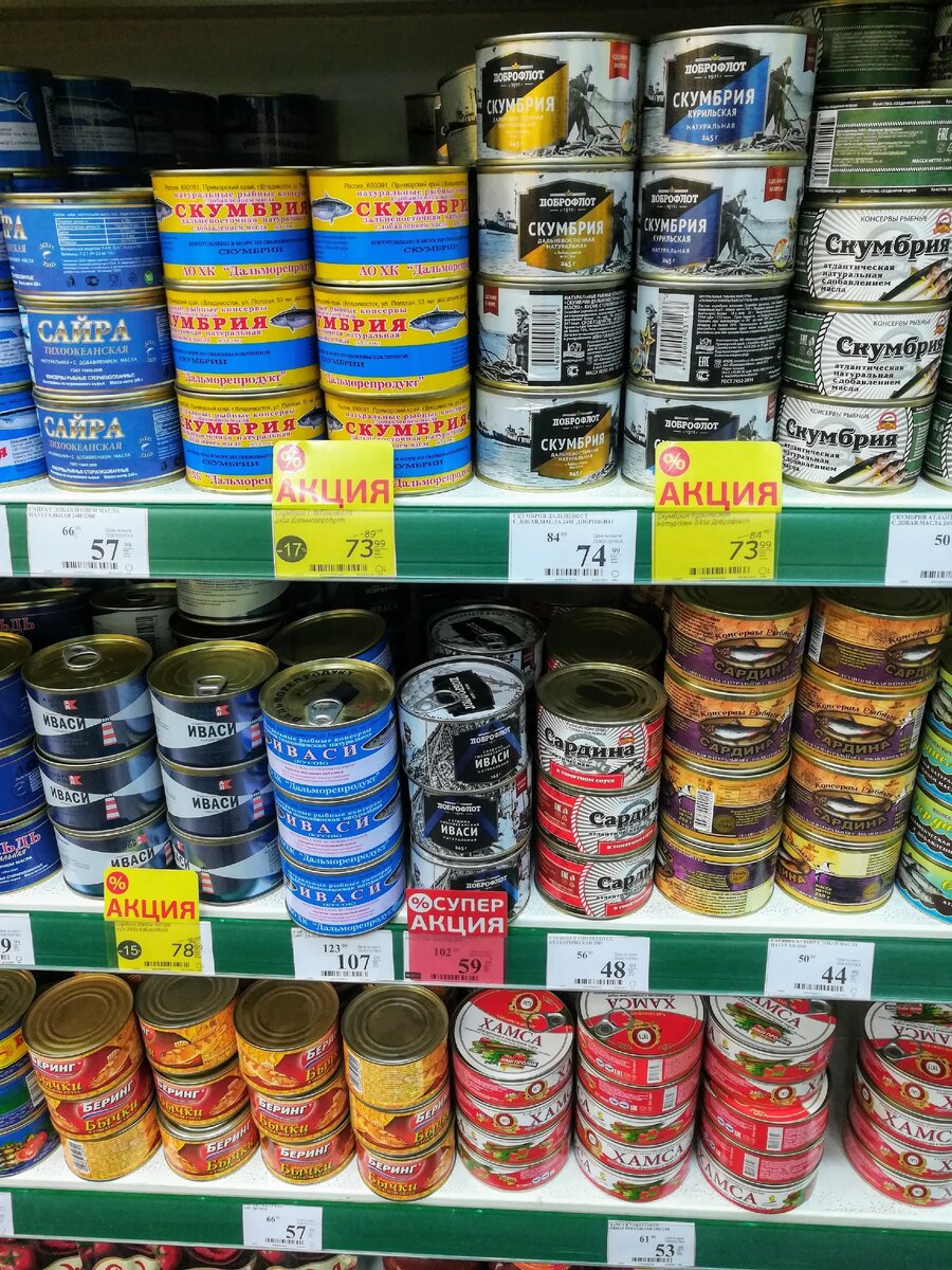 Пример полки с консервами в одном из сетевых магазинов. Фото из личного архива автора