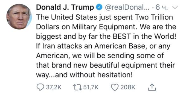 Твит Трампа, в котором он хвастает свои вооружением, в производство которого было вкачано 2 триллиона долларов