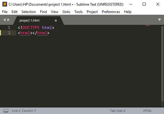 Наш уже готовый файл с парным тегом <html>. Ставим курсор между ними и жмём Enter.