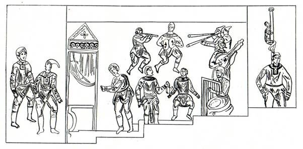 Скоморошье представление. Калька с фото Фрески Киево-Софийского собора. ХІ век.