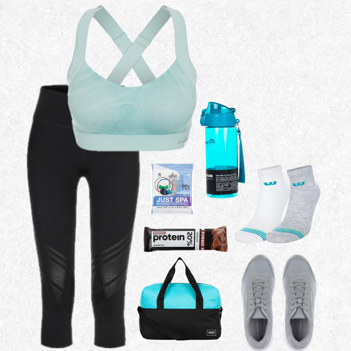Спортивный комплект в бирюзовых тонах.