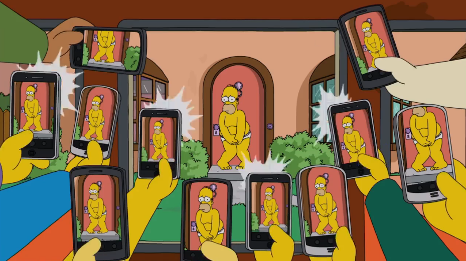 Ученики из школьного автобуса фотографируют Гомера в трусах //Фрагмент сериала Симпсоны, s31e09