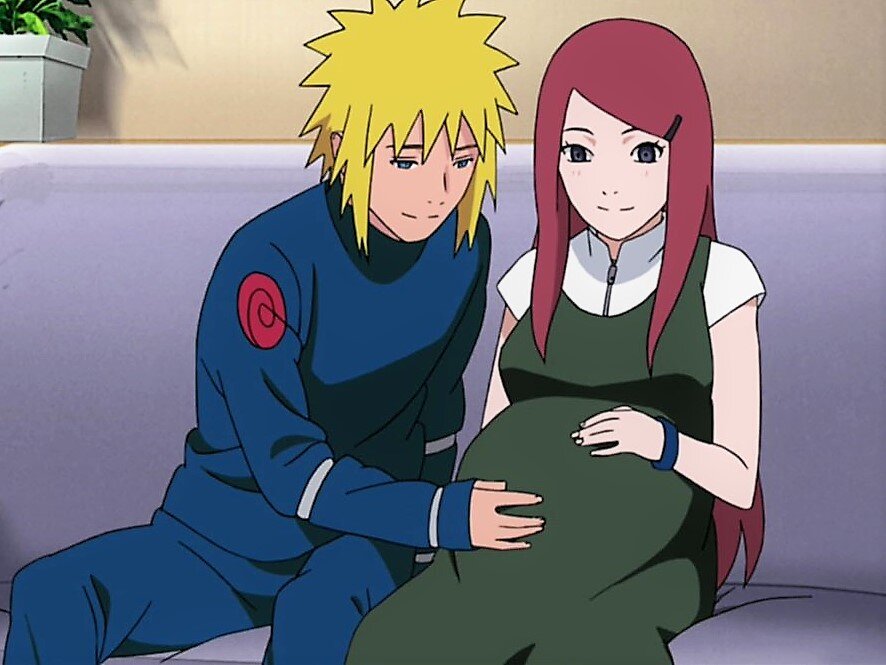 Минато гладит животик Кушины