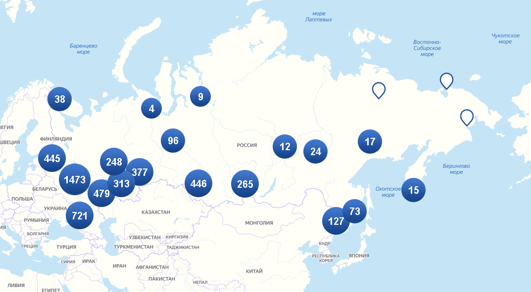 Расположение пунктов ТО на карте России. Фото autoins.ru.