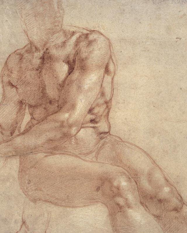 МИКЕЛАНДЖЕЛО БУОНАРРОТИ. СИДЯЩИЙ ОБНАЖЕННЫЙ ЮНОША И ДВА ЭТЮДА РУКИ. Фрагмент