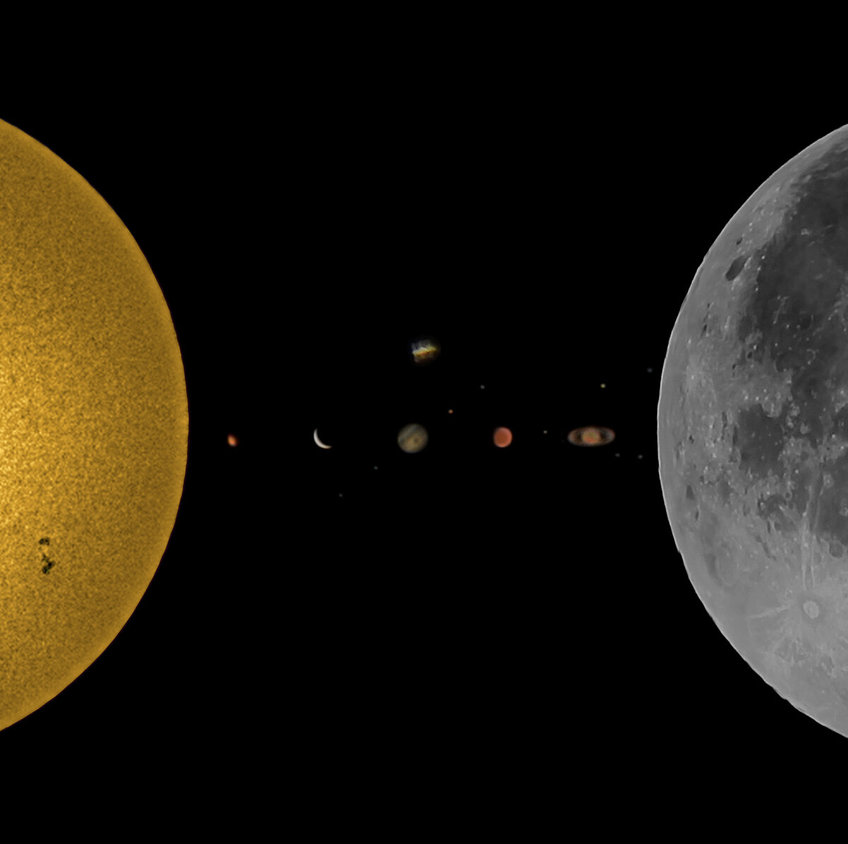 Мой коллаж со всеми сфотографированными на данный момент объектами Солнечной системы. Просто для красивого завершения статьи (и для обложки).