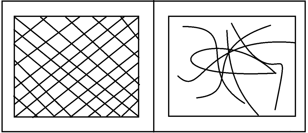 Примерный вид структуры керамики (слева) и термопластика (справа). Эскиз автора статьи.