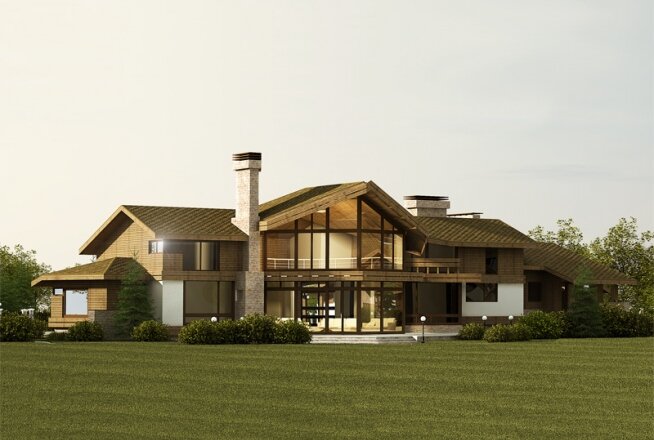 Коттедж с большой площадью остекления и площадью 750 квадратных метров