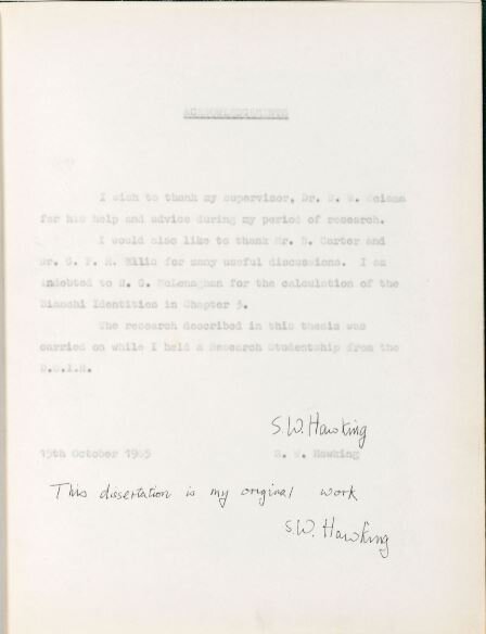 «Эта диссертация - моя оригинальная работа», Стивен Хокинг. 15 октября 1965 